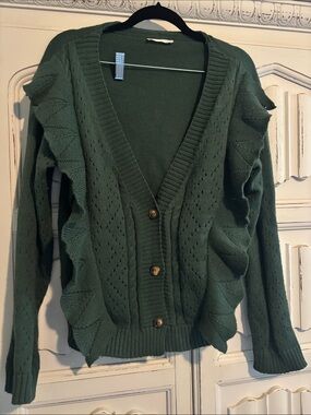 Green Ruffle Knit Cardigan Sweater - Women